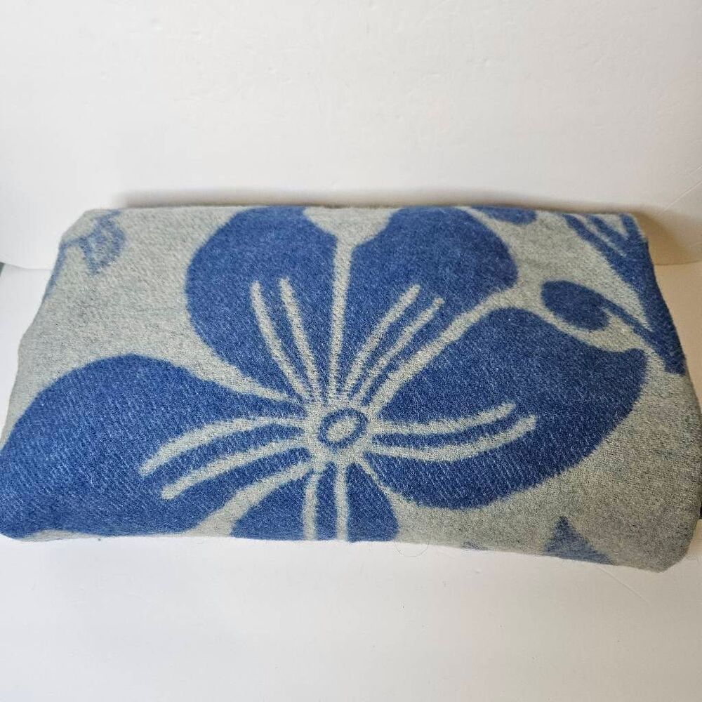 Vintage Orr Health blue wool blanket, dutch inspired floral design. Twin.